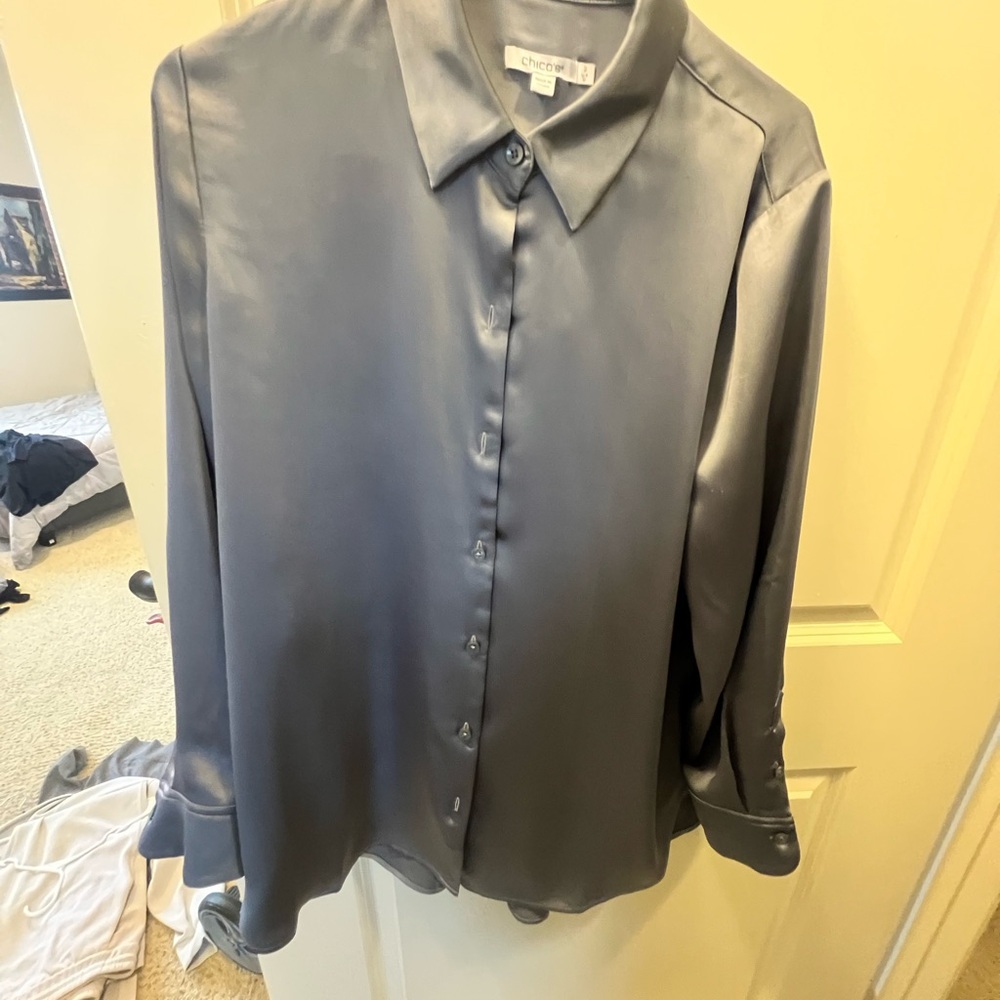 Chico's women’s char, gray, Charcoal Satin Button-Down Shirt